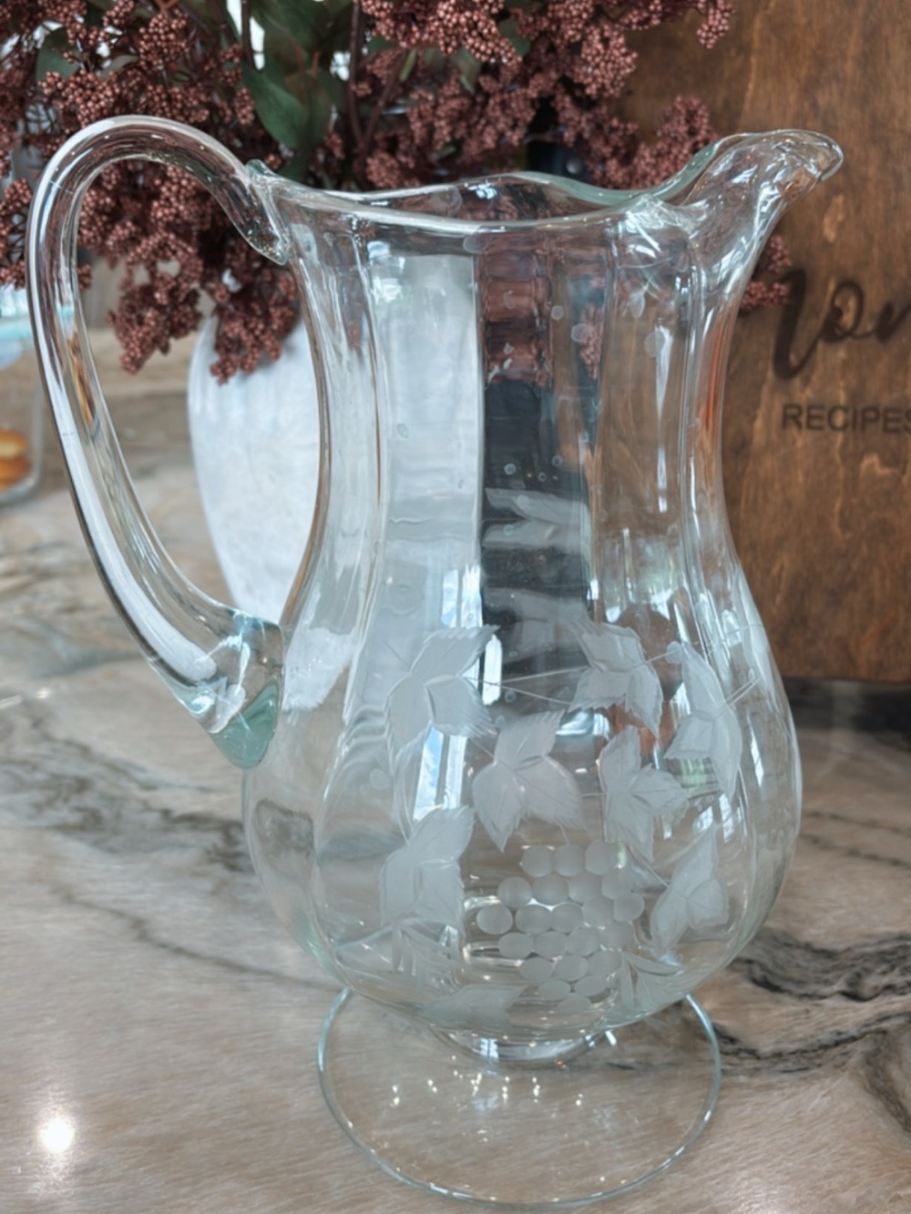 Beautiful Fifth Avenue Crystal Glass Pitcher with Leaf Design, Great Condition